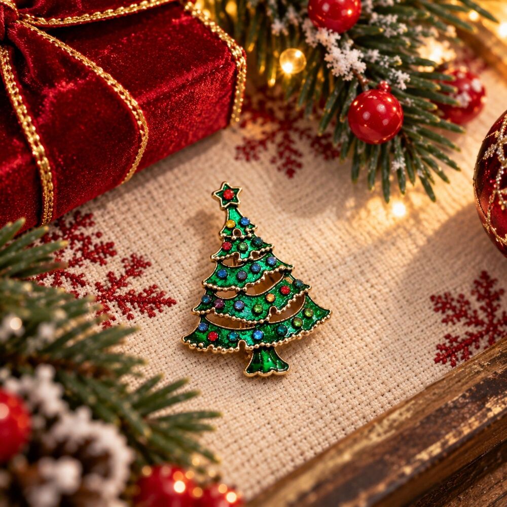 Christmas Tree Brooch Green Enamel Rhinestone Holiday Pin Festive Jewelry
